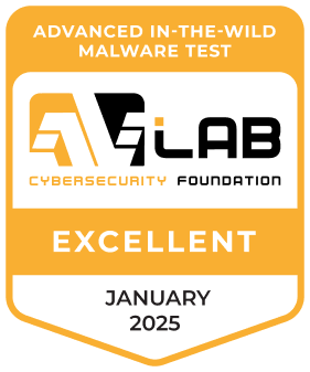 Distintivo de certificação do Laboratório AV com classificação Excelente para testes avançados de malware in-the-wild para 2025