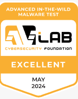 O AVLab atribuiu ao Malwarebytes uma classificação Excelente para maio de 2024. Distintivo de prémio amarelo, branco e preto.