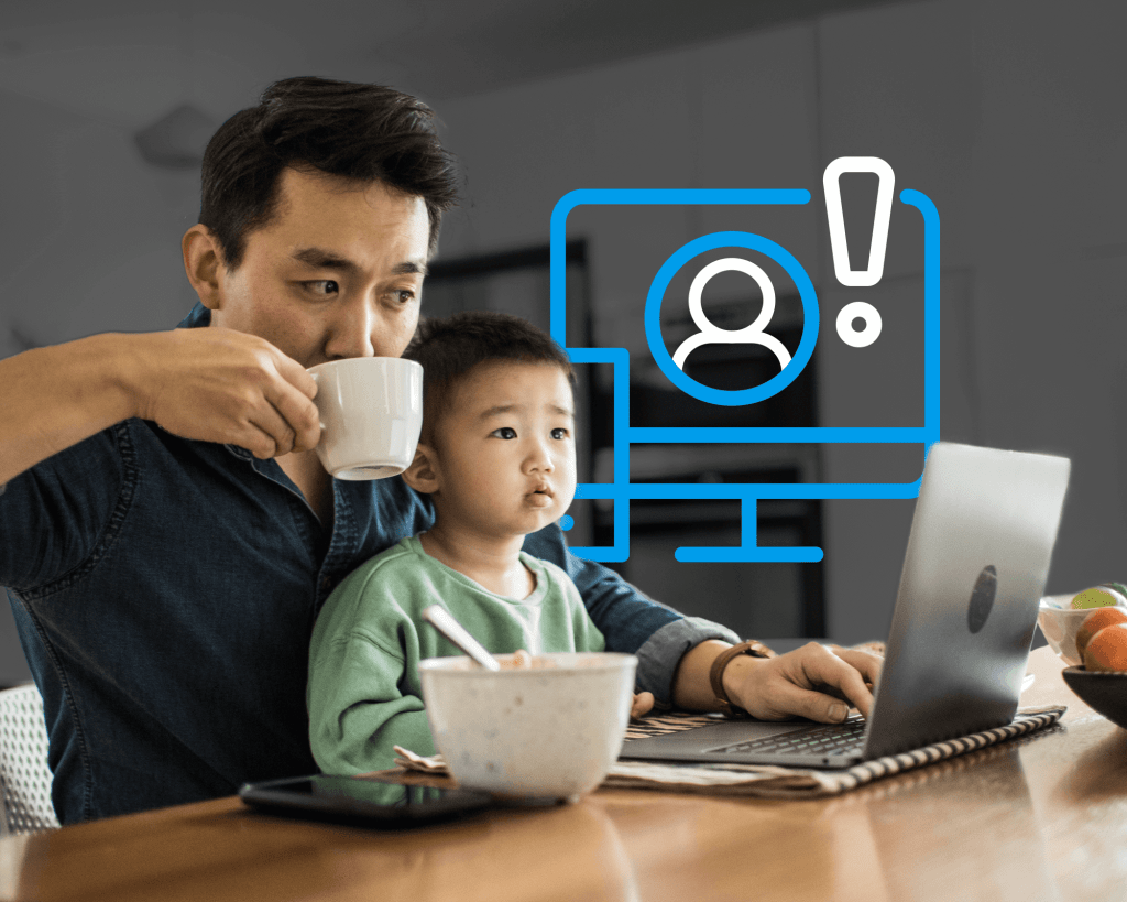 Um homem senta-se numa mesa de jantar e o seu filho pequeno está ao seu colo. Estão a olhar para um computador portátil enquanto ícones de monitores de computador e pontos de exclamação estão em segundo plano atrás deles para indicar monitorização e alertas.