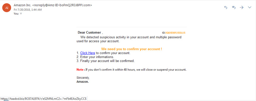 E-mail de phishing da Amazon