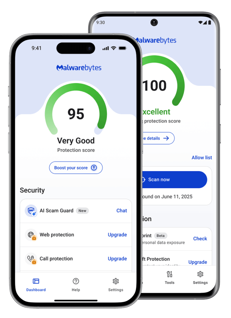 O painel de controlo da aplicação Malwarebytes Mobile é apresentado em dois dispositivos, um iphone da apple e um dispositivo android da samsung