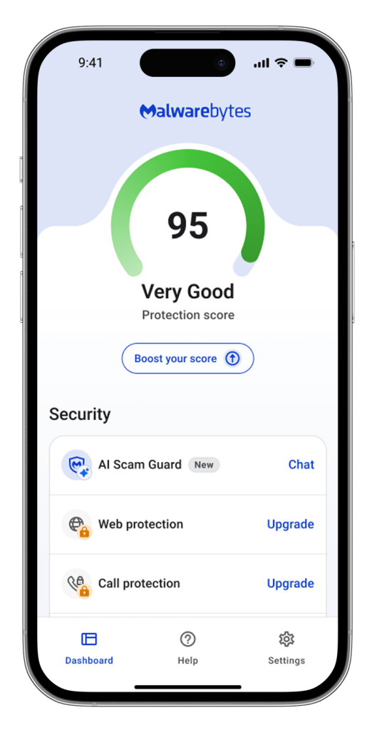 iPhone14 com o painel de controlo Malwarebytes Mobile Security for iOS .