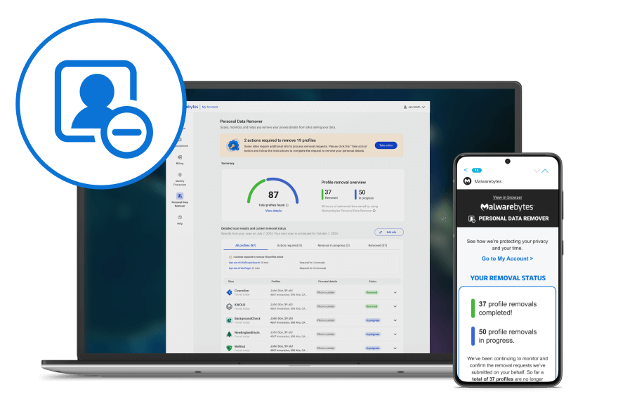 Ícone branco e azul do Malwarebytes Personal Data Remover ao lado de um computador portátil e de um smartphone que apresentam o painel de controlo e os alertas do Personal Data Remover