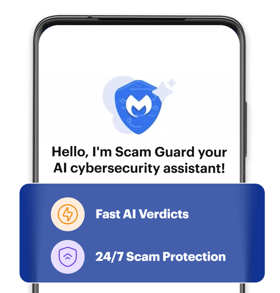 Telemóvel com uma introdução ao Scam Guard no ecrã e as funcionalidades de Veredictos rápidos de IA e proteção contra burlas 24 horas por dia, 7 dias por semana