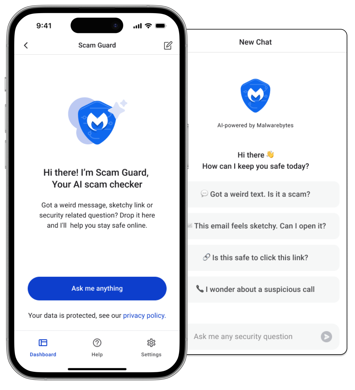 Malwarebytes Mobile app Scam Guard dashboard showing in two screens, one apple iphone and chat home screen with a slim black border
