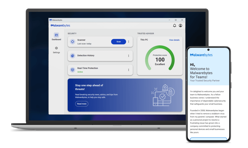Imagem genérica de um portátil com o painel de controlo do produto Malwarebytes Teams apresentado no ecrã. À direita do portátil está um smartphone genérico que mostra um e-mail a dar as boas-vindas ao utilizador às equipas