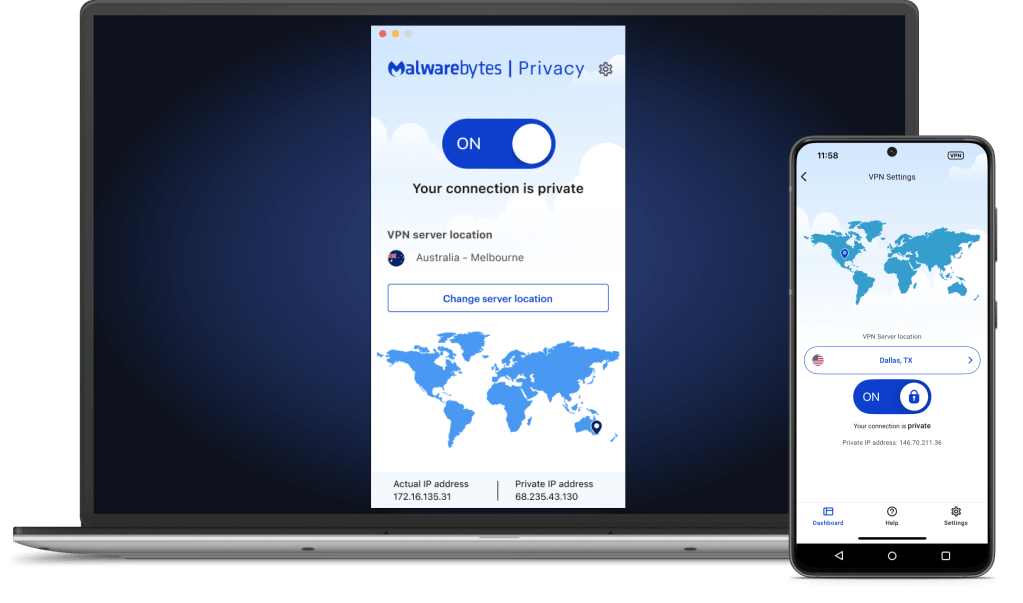 Um computador portátil e um dispositivo móvel que mostram o ecrã principal da aplicação Malwarebytes VPN